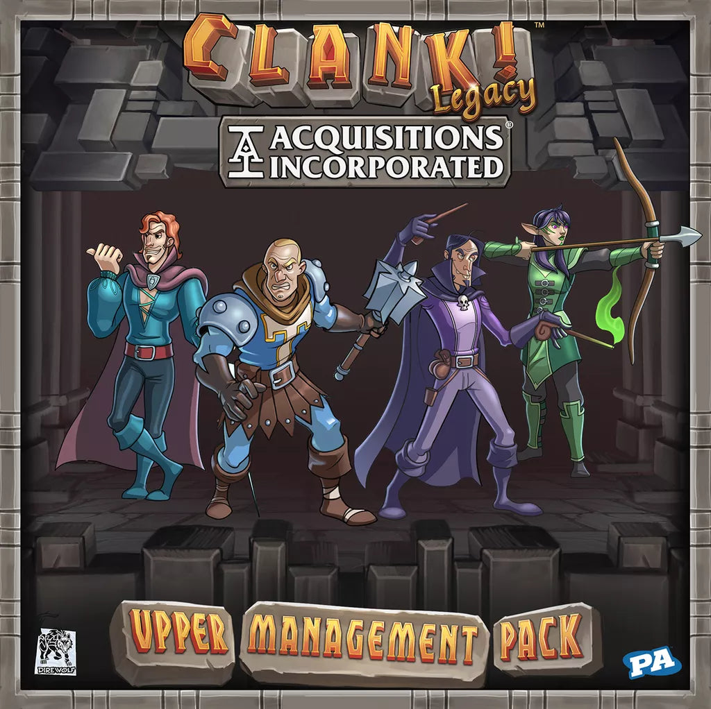 Four cartoon fantasy heroes stand ready for adventure on Dire Wolf’s Clank! Legacy: Acquisitions Incorporated – Upper Management Pack, a thrilling deck-building expansion. The product title and logo are displayed above and below the group.