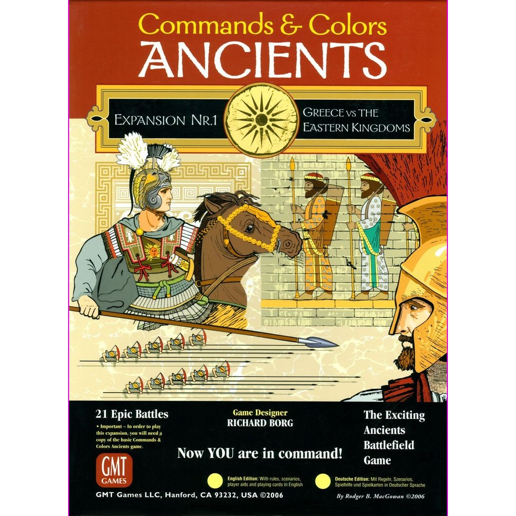 The cover art for GMT Games’ Commands & Colors: Ancients Expansion Pack #1 Greece vs Eastern Kingdoms features Greek soldiers, a horse, and game info, spotlighting epic ancient battles, historic scenarios, and new battlefield rules.