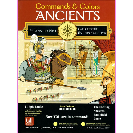 The cover art for GMT Games’ Commands & Colors: Ancients Expansion Pack #1 Greece vs Eastern Kingdoms features Greek soldiers, a horse, and game info, spotlighting epic ancient battles, historic scenarios, and new battlefield rules.