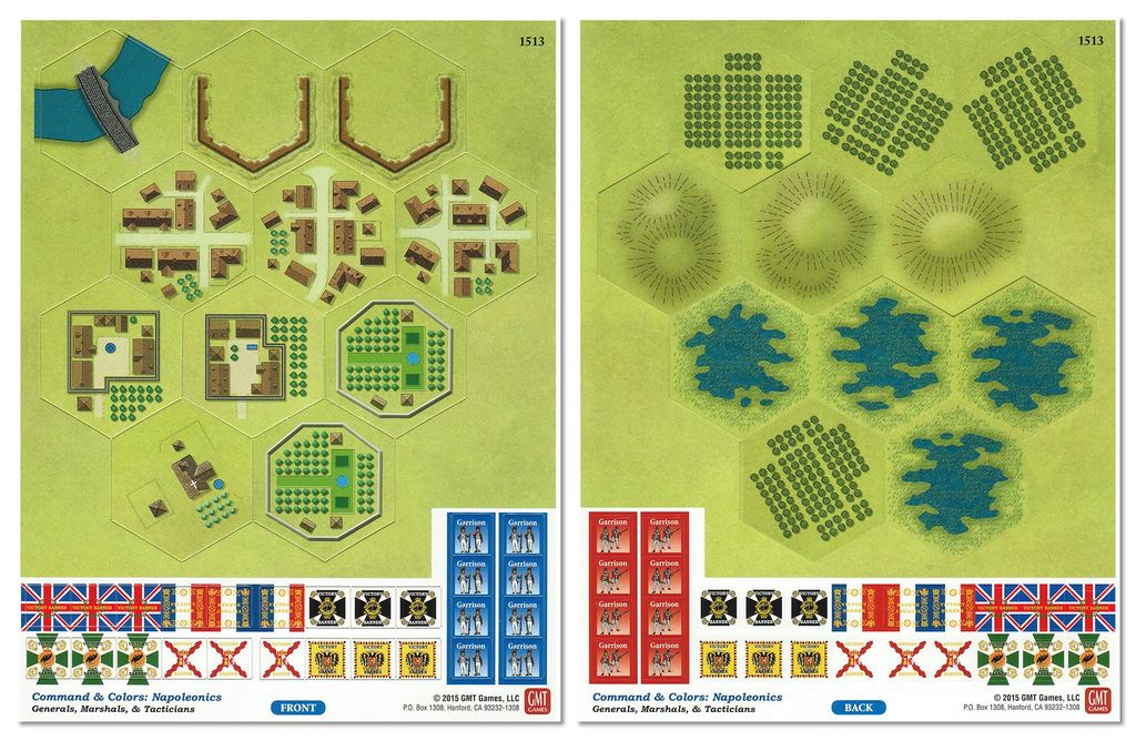 The Commands & Colors: Napoleonics Expansion #5 – Generals, Marshalls & Tacticians from GMT Games includes a board with hex terrain, buildings, trees, water, hills, flag tokens and soldier markers shown front and back—ideal for Napoleonic battles or expan
