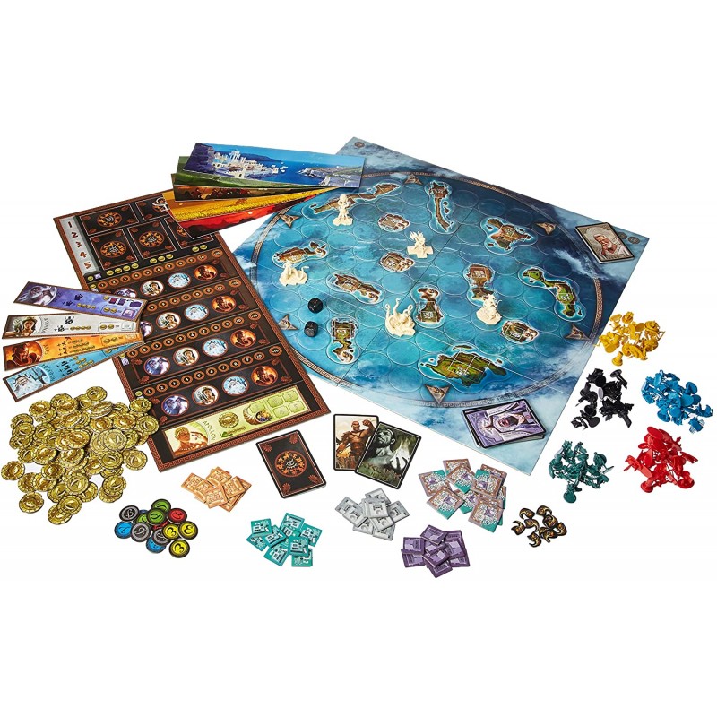 A Cyclades board game setup by Matagot is displayed with a world map board, character tokens, cards, coins, and player boards—ideal for fans of Ancient Greek-themed strategy games.