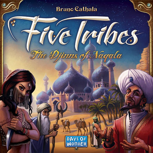 Board game cover for Five Tribes by Days of Wonder, showing a woman, an elderly man with a staff, and a turbaned man before blue-domed fantasy palaces under a twilight sky.