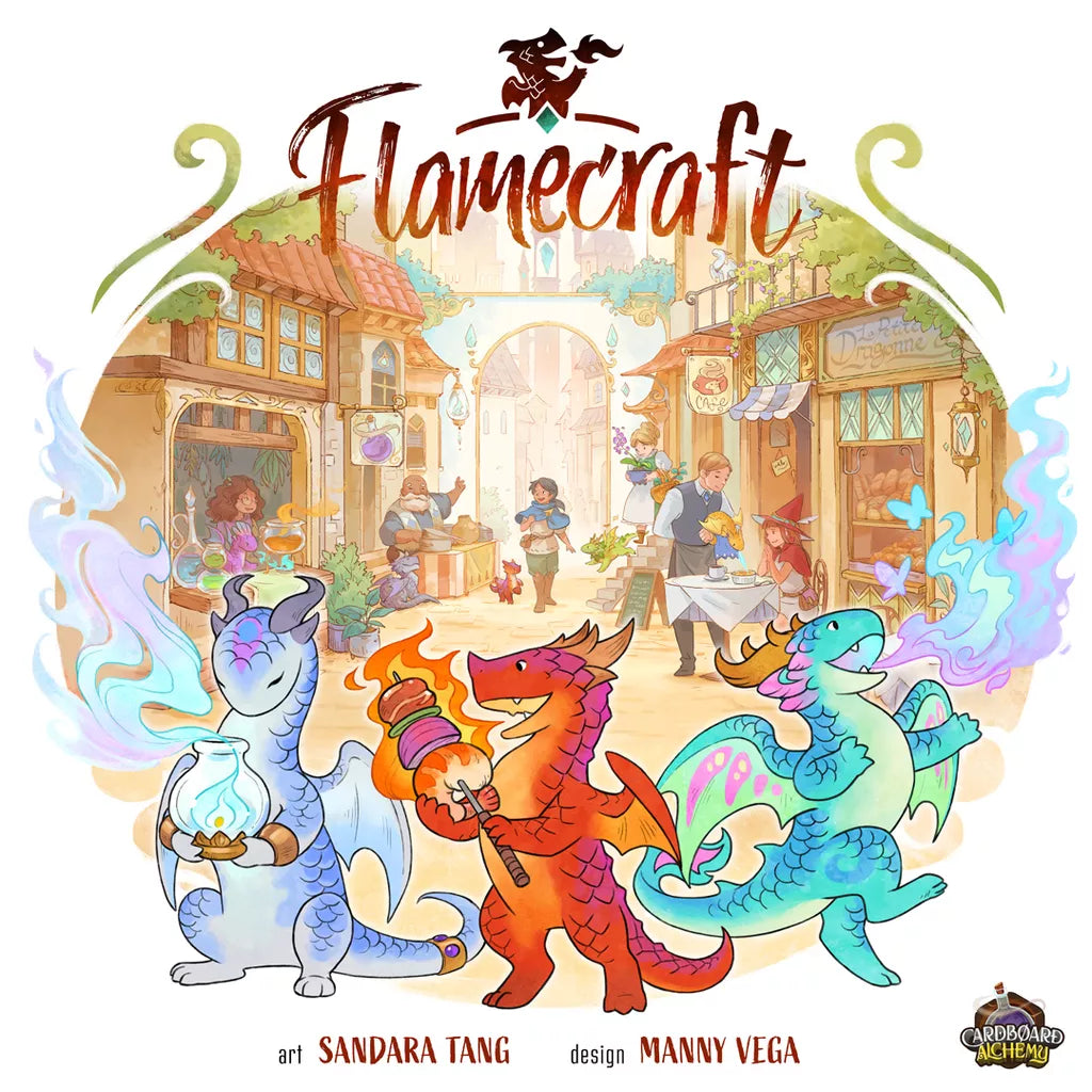 A vibrant illustration features three adorable artisan dragons with magical items in a lively fantasy marketplace, with people and shops behind them. "Flamecraft" by Lucky Duck Games is displayed in ornate lettering at the top.