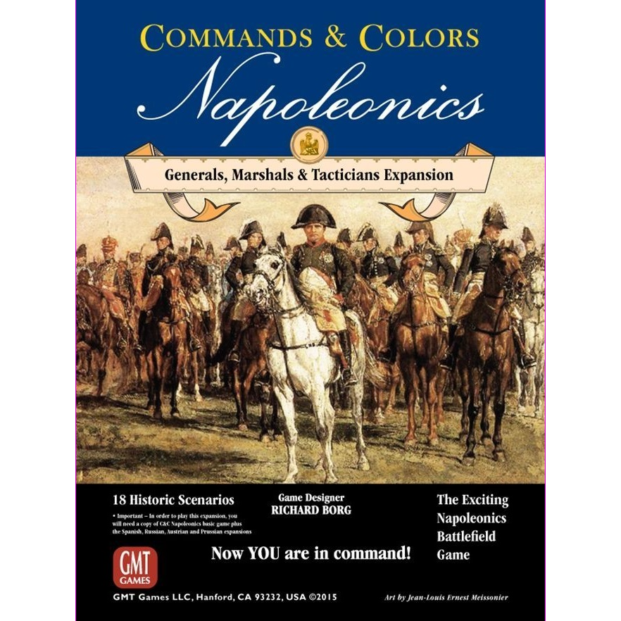 Cover of Commands & Colors: Napoleonics Expansion #5 - Generals, Marshalls & Tacticians by GMT Games features a historical painting of Napoleonic officers on horseback, with game details and publisher info displayed at the bottom.