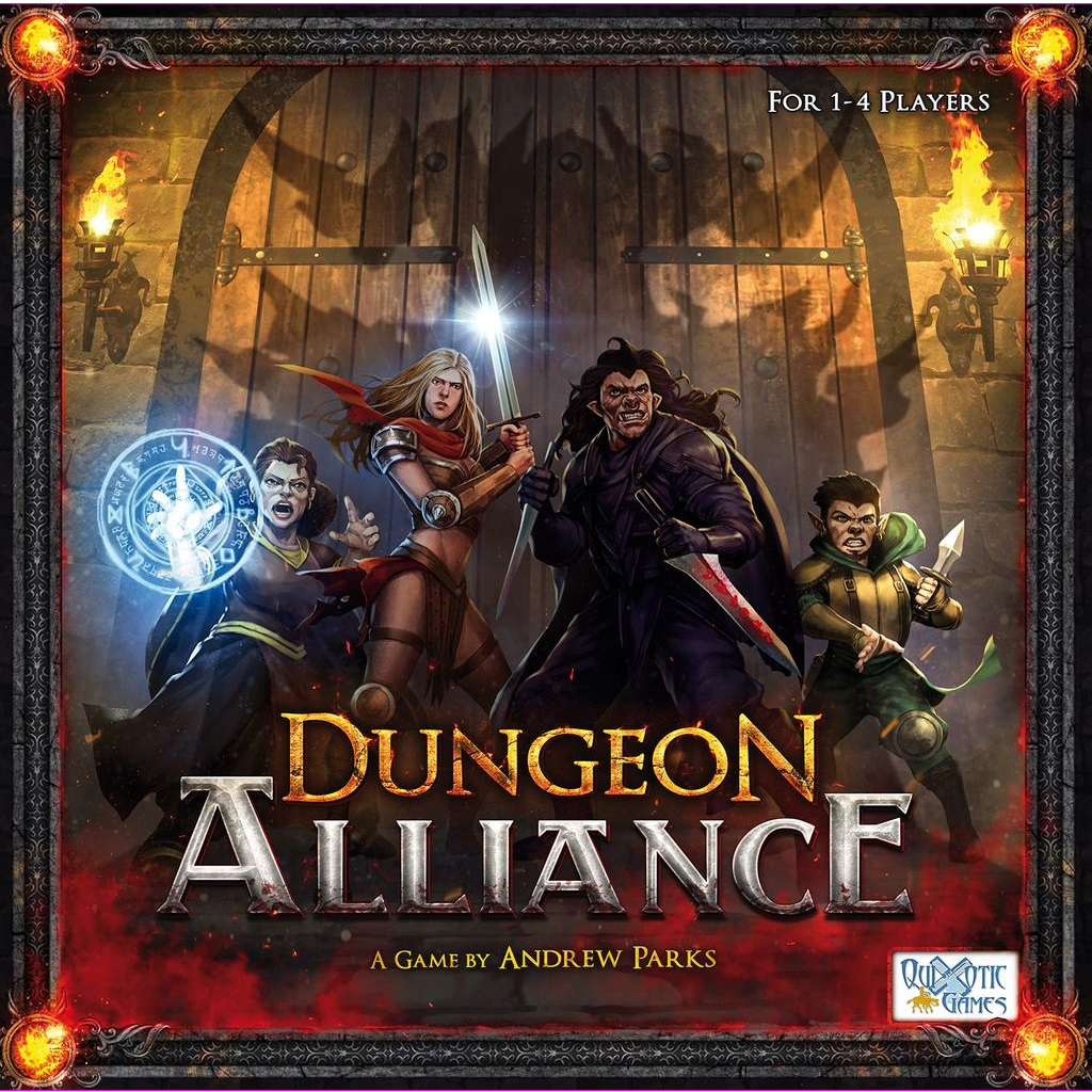 Four fantasy heroes—a mage casting blue magic, a swordsman, an axe-wielder, and an archer—stand before chained dungeon doors, ready for adventure. “Dungeon Alliance” by Quixotic Games appears boldly below them in this deck-building game scene.