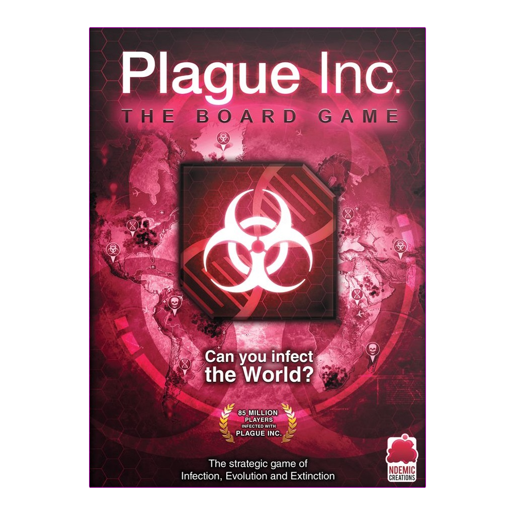 The Plague Inc. board game by Ndemic Creation features a box cover with a bold biohazard symbol on a red world map and the tagline, "Can you infect the World?"—a strategic game where players compete to spread disease worldwide.