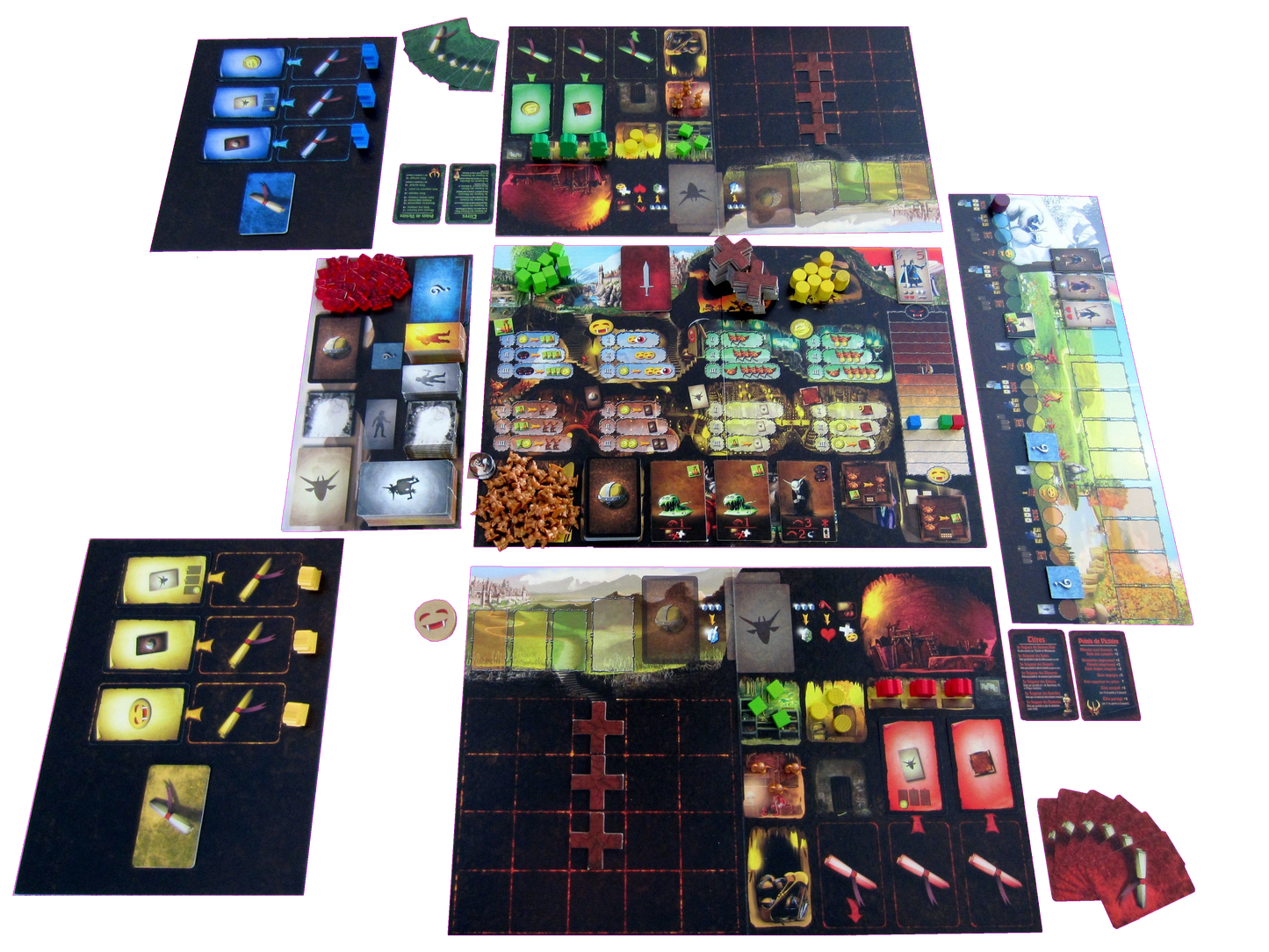 A vibrant Dungeon Lords setup by Czech Games Edition (CGE) for four players, including multiple boards, cards, wooden tokens, and tiles—each area ready to hire monsters and build dungeons using central board resources and tracks.