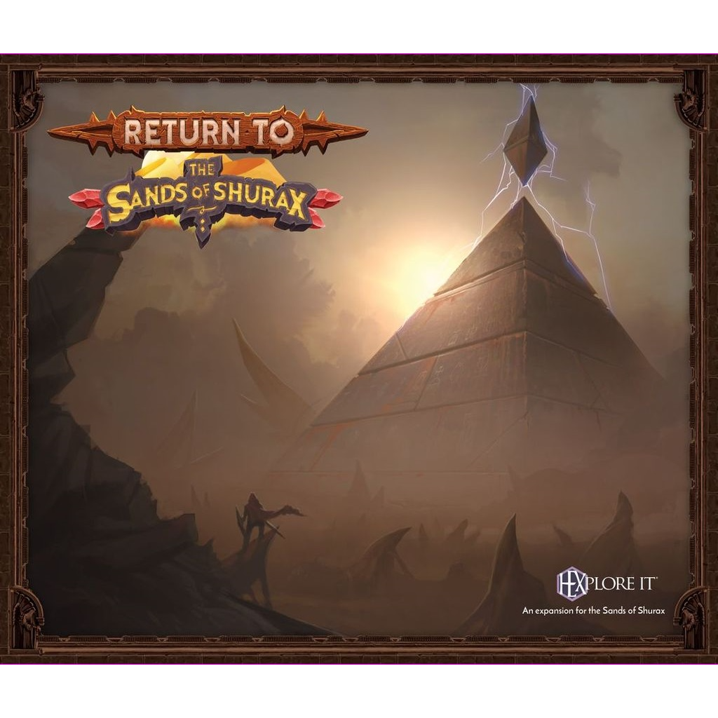 HEXplore It: Return to the Sands of Shurax by Mariucci J. Designs features a dramatic cover with a Black Pyramid, lightning, swirling sand, shadowy figures, and ruins—hinting at the new villain card deck inside.