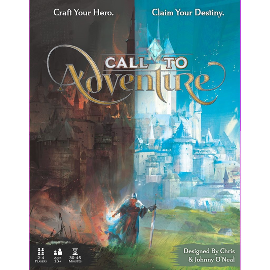 Box cover for Call to Adventure by Brotherwise Games, a fantasy game for 1–4 players (ages 13+). A hero with a staff stands between fire and castle. Tagline: “Craft Your Hero. Claim Your Destiny.” Includes innovative rune rolling system.