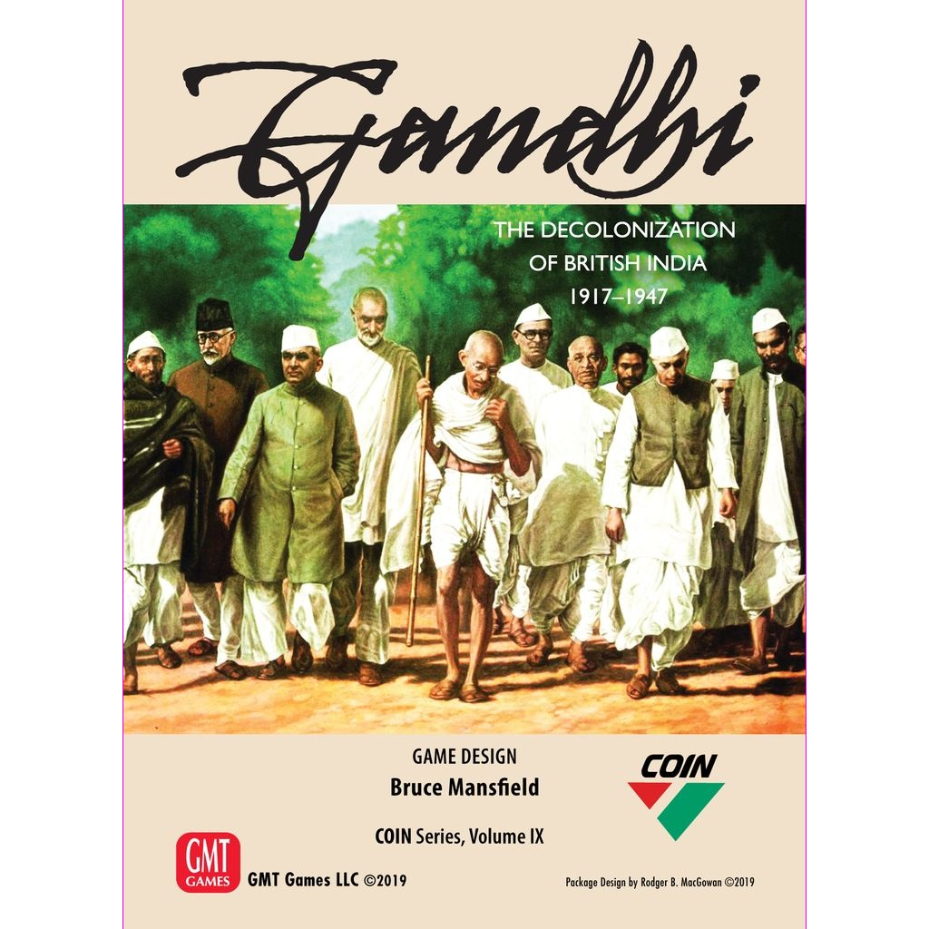 Cover of GMT Games' Gandhi: The Decolonization of British India, 1917–1947 features Gandhi, Nehru, and others against a green backdrop, symbolizing nonviolent resistance during India's struggle for independence.