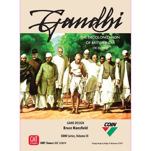 Cover of GMT Games' Gandhi: The Decolonization of British India, 1917–1947 features Gandhi, Nehru, and others against a green backdrop, symbolizing nonviolent resistance during India's struggle for independence.