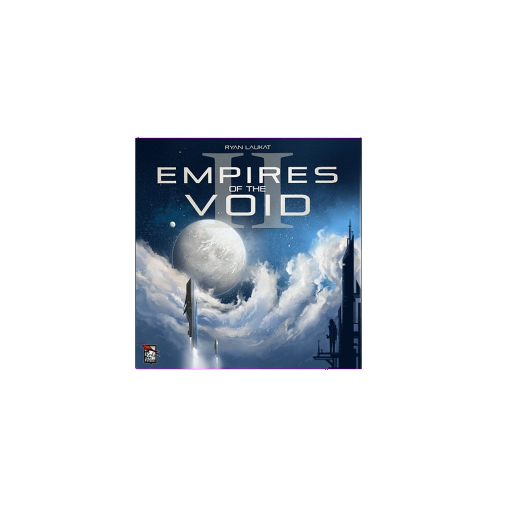 The Empires of the Void II box from Red Raven Games features a large white planet above clouds, futuristic buildings, and spaceships set against a starry night sky.