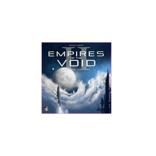 The Empires of the Void II box from Red Raven Games features a large white planet above clouds, futuristic buildings, and spaceships set against a starry night sky.