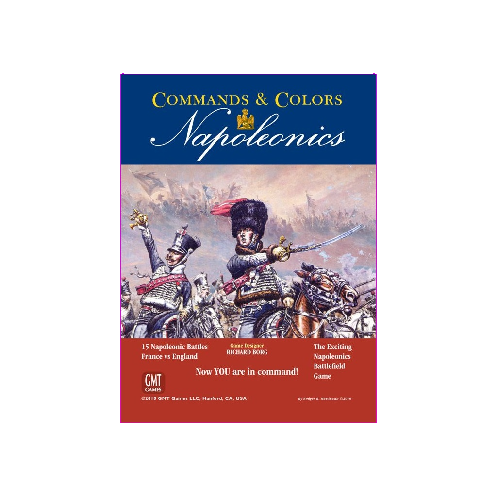 Box cover of GMT Games' "Commands & Colors: Napoleonics" board game, showing illustrated Napoleonic soldiers on horseback in battle beneath the bold blue and yellow game title.