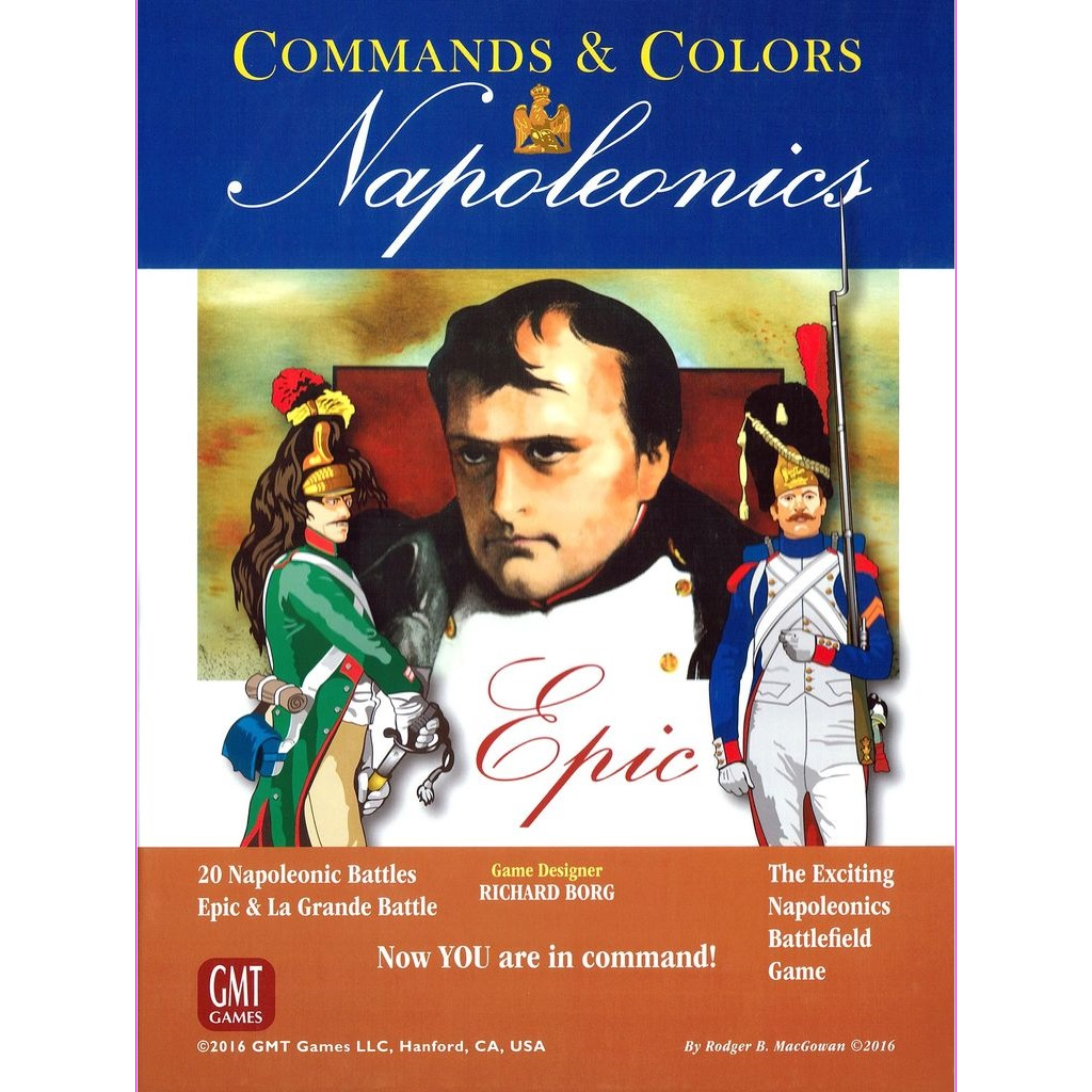 Box cover of Commands & Colors: Napoleonics Expansion #6 – EPIC Napoleonics by GMT Games, showing a portrait of Napoleon and two soldiers in Napoleonic uniforms with game details and decorative text.