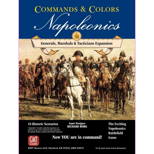 Cover of Commands & Colors: Napoleonics Expansion #5 - Generals, Marshalls & Tacticians by GMT Games features a historical painting of Napoleonic officers on horseback, with game details and publisher info displayed at the bottom.