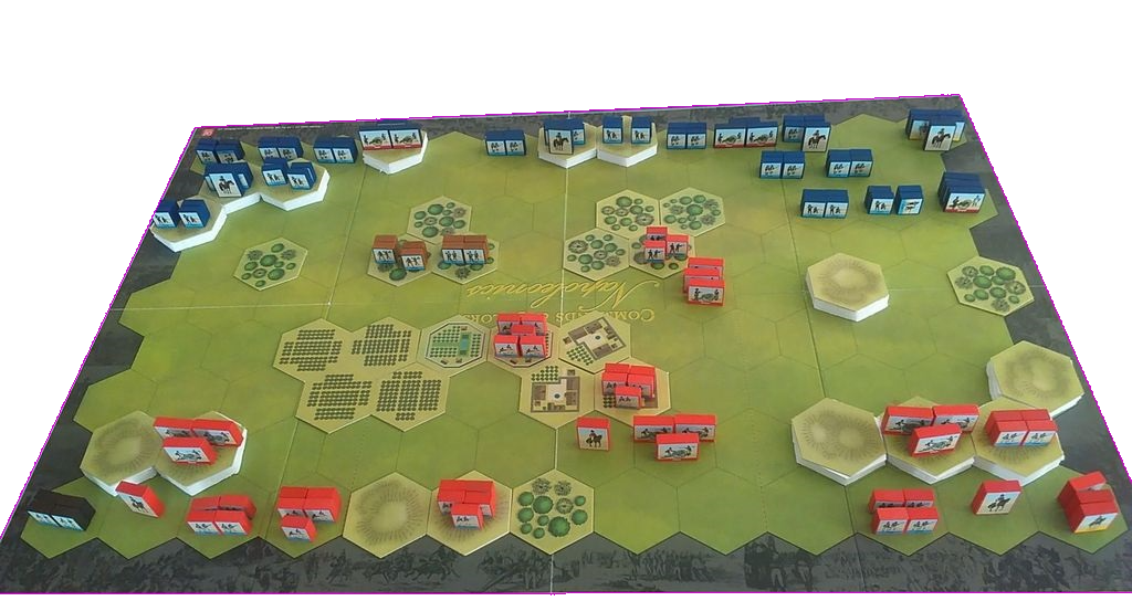 Commands & Colors: Napoleonics Expansion #5 – Generals, Marshalls & Tacticians by GMT Games features a hexagonal board with clusters of red and blue illustrated pieces arranged on a green battlefield with forest, field, and hill hexes.