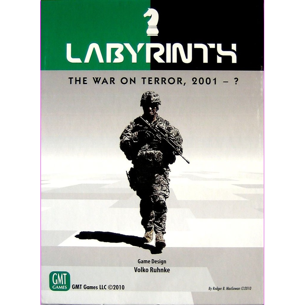 Cover of GMT Games' Labyrinth: The War on Terror, 2001 – ?, featuring a silhouetted soldier with a rifle approaching the viewer against a dramatic backdrop, with the title and credits positioned above and below.