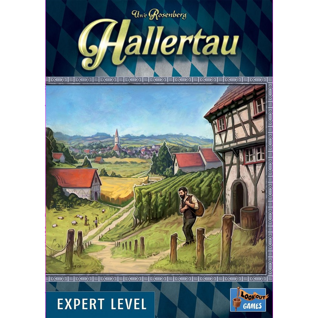 The Hallertau box from Lookout Games shows a farmer walking by a half-timbered house with fields, sheep, and a village in the background, emphasizing agriculture. The cover states "Hallertau Expert Level" and features the Lookout Games logo.