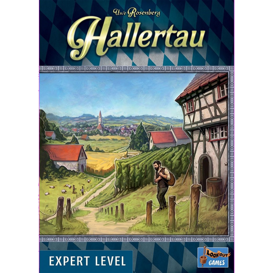 The Hallertau box from Lookout Games shows a farmer walking by a half-timbered house with fields, sheep, and a village in the background, emphasizing agriculture. The cover states "Hallertau Expert Level" and features the Lookout Games logo.