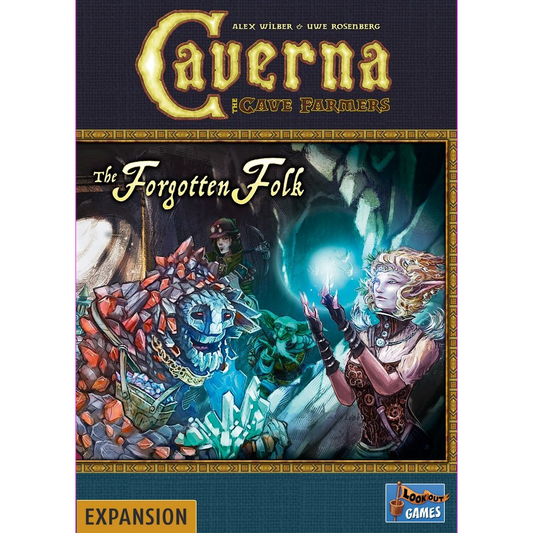 Box cover for Caverna: The Forgotten Folk Expansion by Lookout Games, featuring a crystal creature and an elf-like figure casting a glowing spell in a mysterious cave.