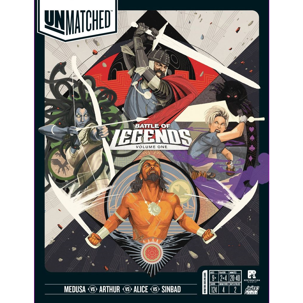 The cover of Unmatched: Battle of Legends, Volume One (Iello) by Iello displays Medusa, King Arthur, Alice, and Sinbad in vibrant action poses, highlighting the excitement of this unique miniature fighting game.