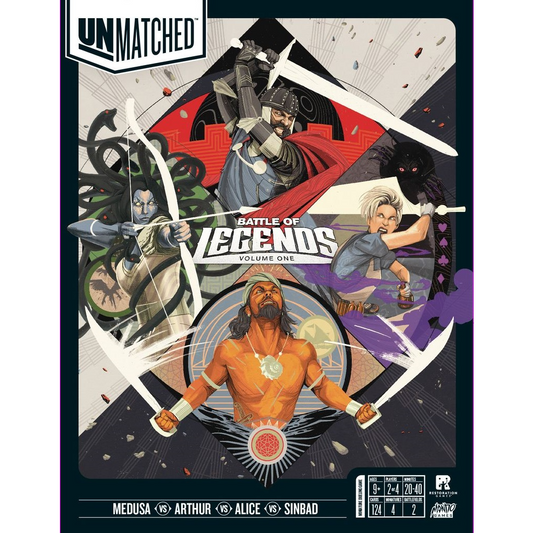 The cover of Unmatched: Battle of Legends, Volume One (Iello) by Iello displays Medusa, King Arthur, Alice, and Sinbad in vibrant action poses, highlighting the excitement of this unique miniature fighting game.