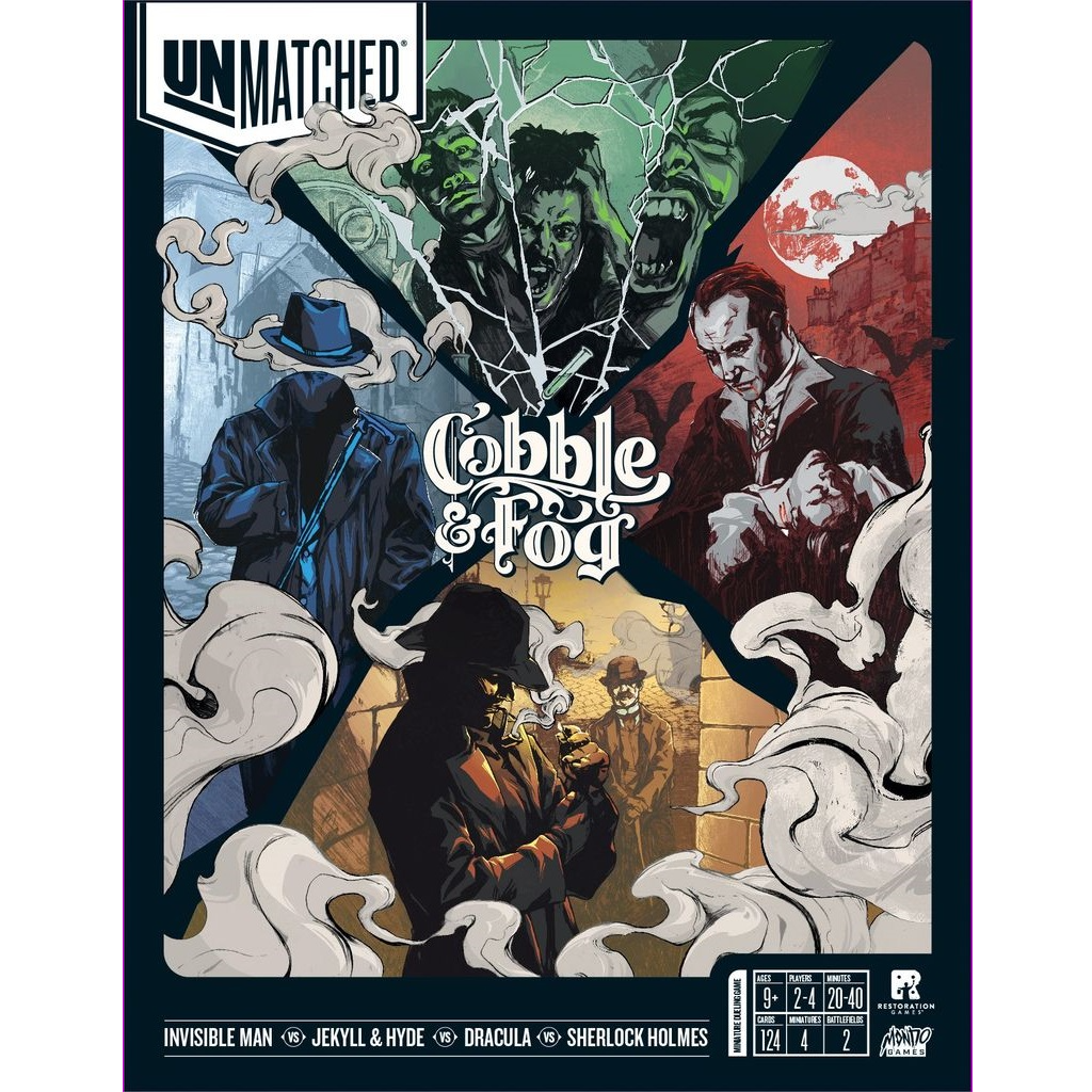 Box cover for Unmatched: Cobble & Fog by Restoration Games, showing illustrated Invisible Man, Jekyll & Hyde, Dracula, and Sherlock Holmes in separate fog-filled panels for the asymmetrical miniature fighting game.