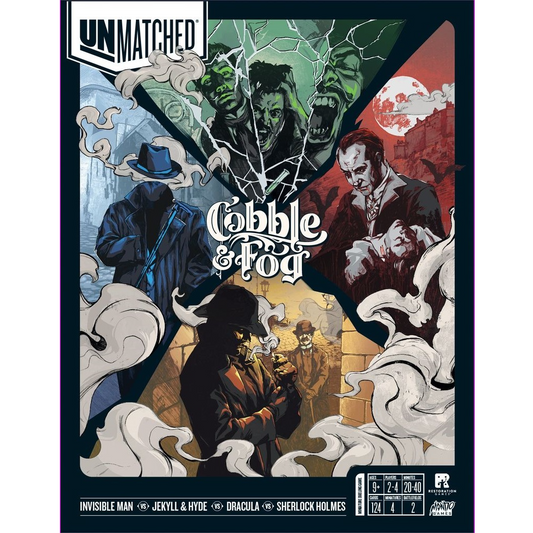 Box cover for Unmatched: Cobble & Fog by Restoration Games, showing illustrated Invisible Man, Jekyll & Hyde, Dracula, and Sherlock Holmes in separate fog-filled panels for the asymmetrical miniature fighting game.