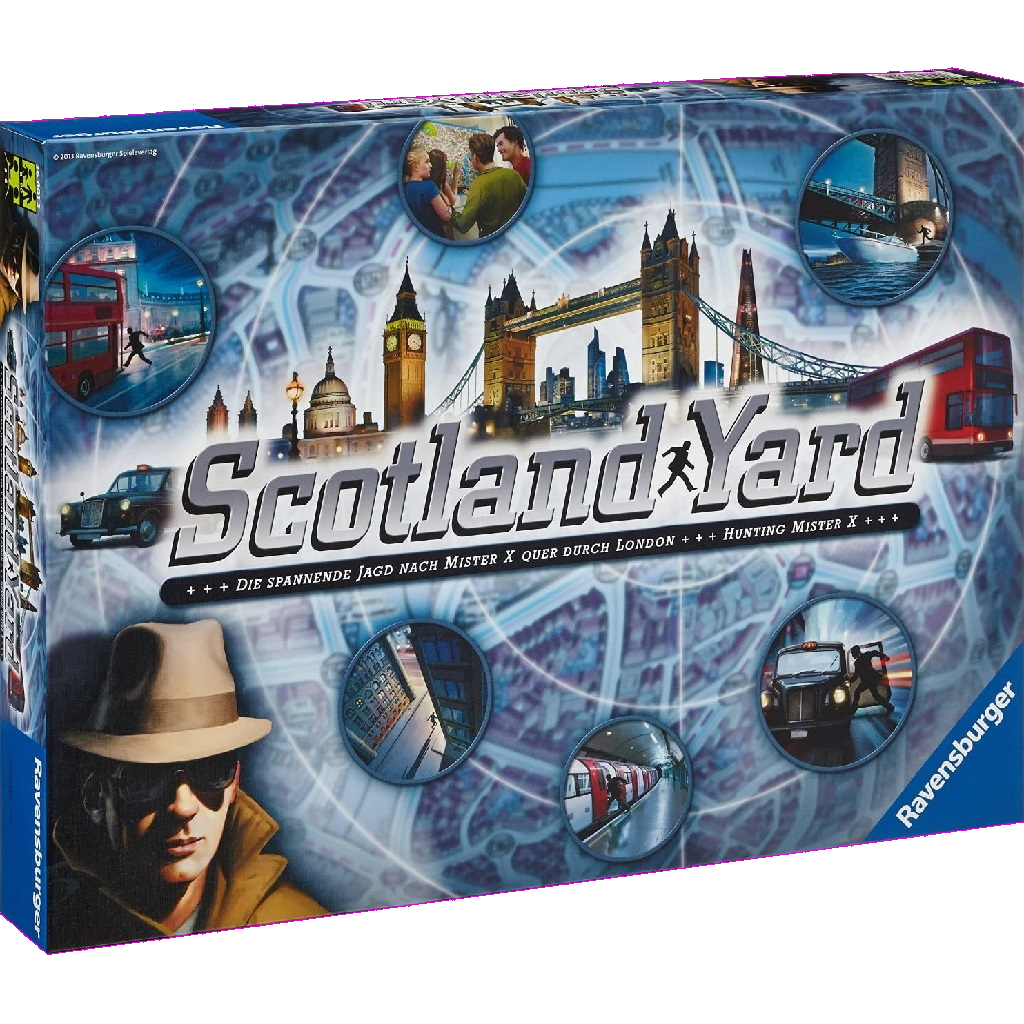 Box cover of Scotland Yard EN/DE/FR/IT/NL by Ravensburger shows London landmarks, red buses, a detective in hat and sunglasses, and city scenes on a colorful London map. Ravensburger logo features in the bottom right corner.