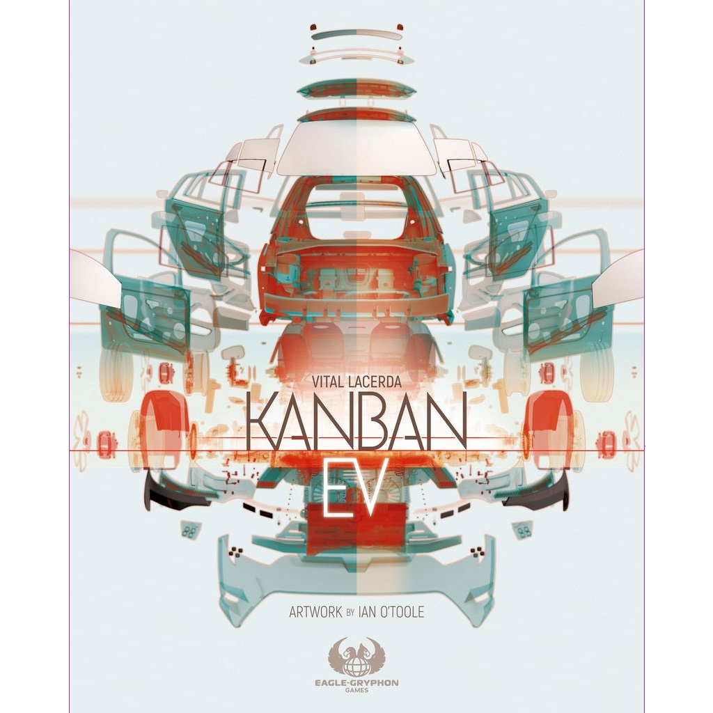 Abstract illustration of an electric vehicle assembly with overlapping teal and red car parts. Text reads Kanban EV: Upgrade Pack. Artwork by Ian OToole, published by Eagle-Gryphon Games.