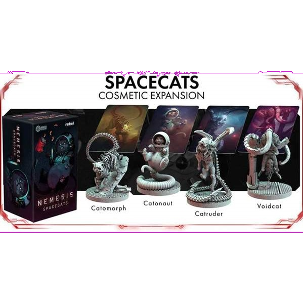 Image featuring the Nemesis: Spacecats Expansion by Awaken Realms, including the box, four illustrated art cards, and four space-themed plastic collector cat models: Catomorph, Catonaut, Catruder, and Voidcat.