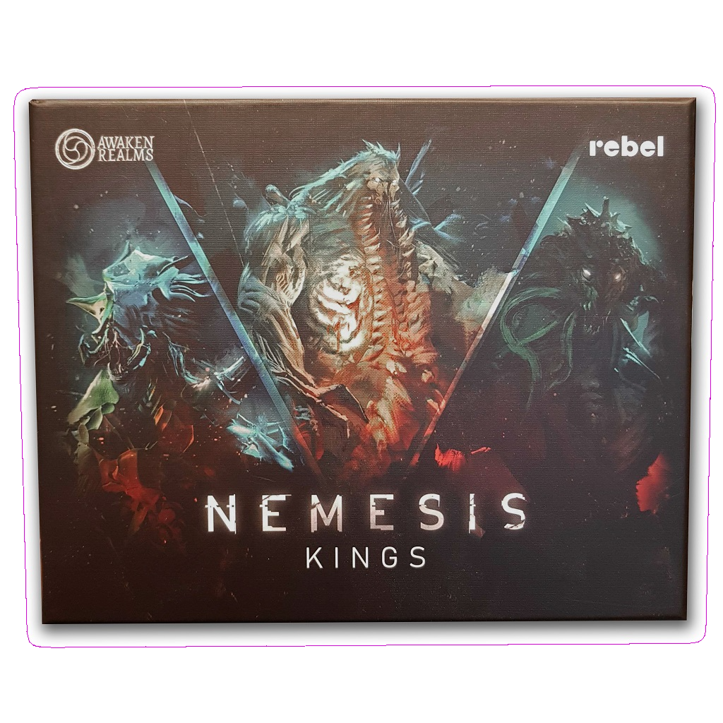 Box cover of Nemesis: Kings Expansion by Awaken Realms shows three monstrous aliens in dramatic colors. Includes collector models and plastic miniatures. Awaken Realms logo featured in the top corner.