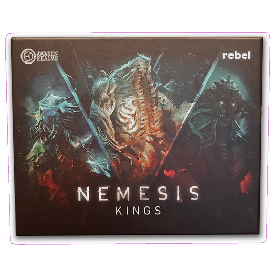 Box cover of Nemesis: Kings Expansion by Awaken Realms shows three monstrous aliens in dramatic colors. Includes collector models and plastic miniatures. Awaken Realms logo featured in the top corner.