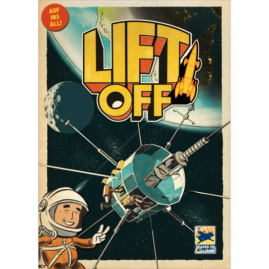A retro-style illustration features a smiling astronaut giving a peace sign before a satellite, with planets, stars, and a rocket above the bold text “Lift Off”—a tribute to classic space board game art by Z-Man Games. A red badge reads “AUF INS ALL!”.