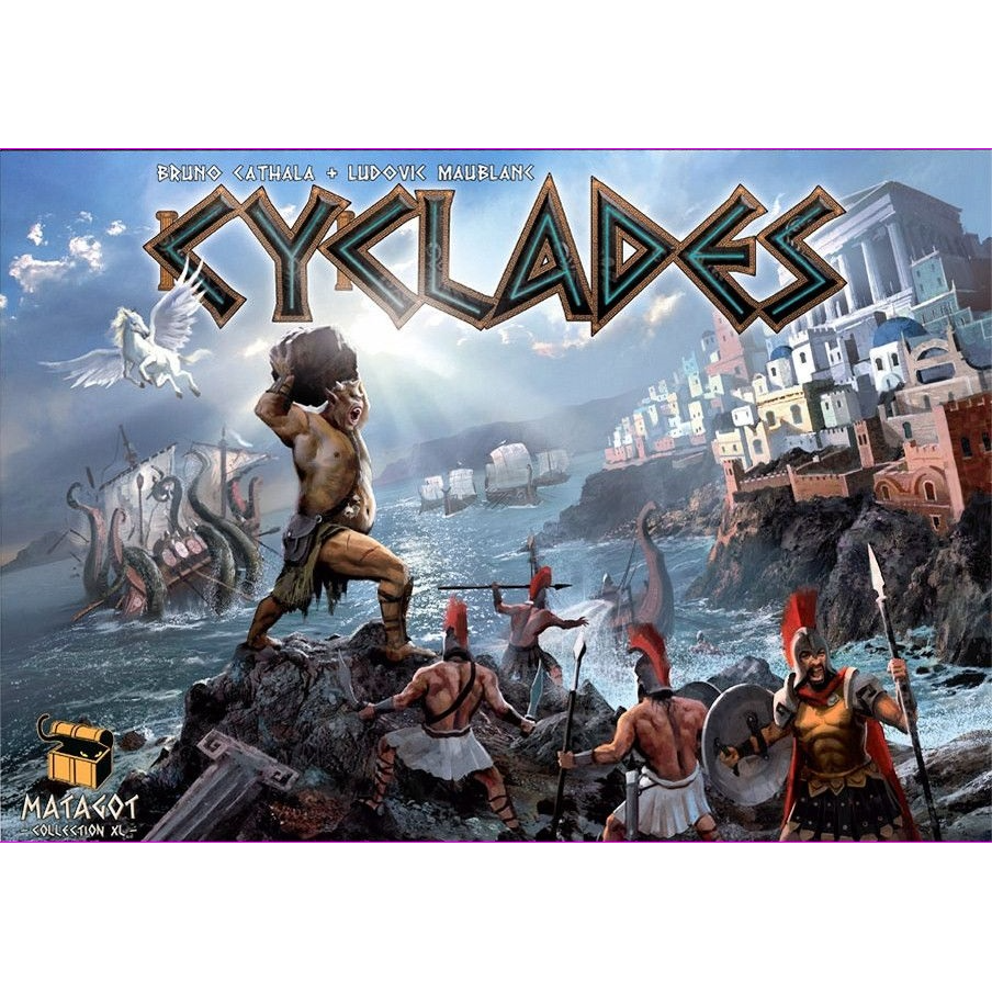 A towering mythical beast lifts a boulder over Greek warriors on a rocky coast, with ancient ships at sea and a city looming—evoking epic strategy in Cyclades by Matagot. The product name "Cyclades" is boldly displayed above.