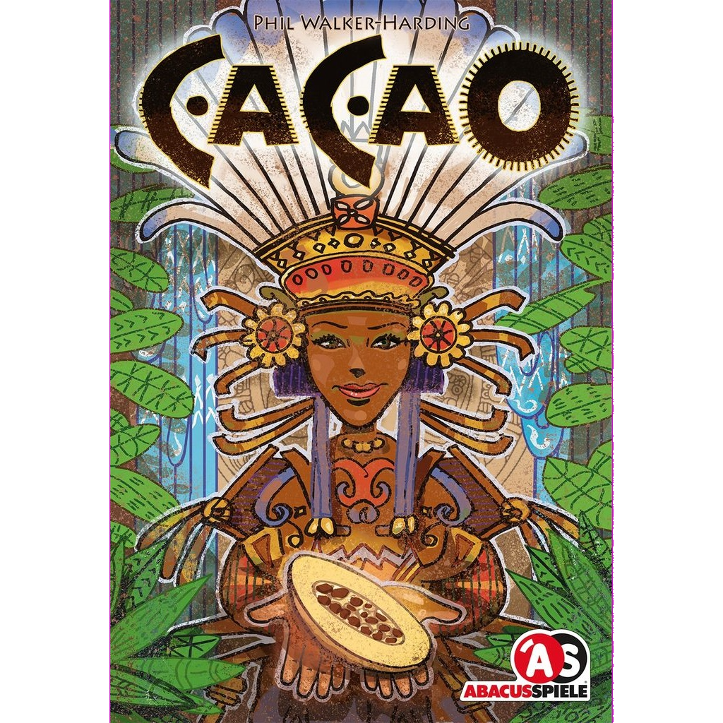 Illustrated cover of Cacao NL by White Goblin Games, showing a smiling person in traditional dress with a cacao pod and jungle leaves in the background. The White Goblin Games logo appears on this tile-placement game's box.