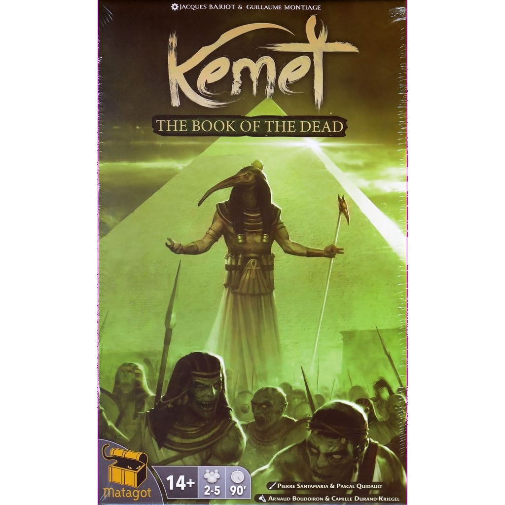 Box cover of Kemet: Blood and Sand: Book of the Dead Expansion by Matagot, an expansion for Kemet: Blood and Sand, featuring Egyptian figures, a glowing pyramid, and player count, age, and duration shown at the bottom.