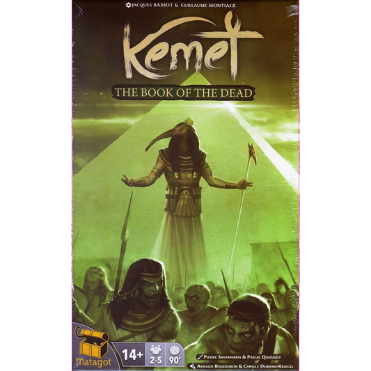 Box cover of Kemet: Blood and Sand: Book of the Dead Expansion by Matagot, an expansion for Kemet: Blood and Sand, featuring Egyptian figures, a glowing pyramid, and player count, age, and duration shown at the bottom.