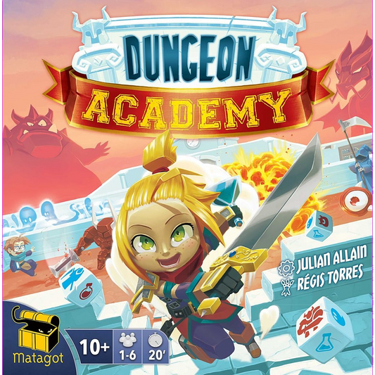 The cover of Dungeon Academy EN / FR / NL by Matagot features a cheerful blonde adventurer with a sword, vibrant dice, and monsters in the background. The box displays game details and creators’ names.