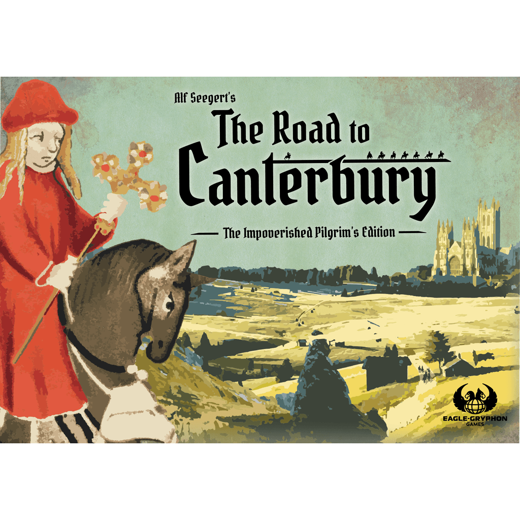 Illustrated cover for The Road to Canterbury by Eagle-Gryphon Games, featuring a red-robed medieval pilgrim on horseback with a cross and Canterbury Cathedral—ideal for fans of this classic board game.