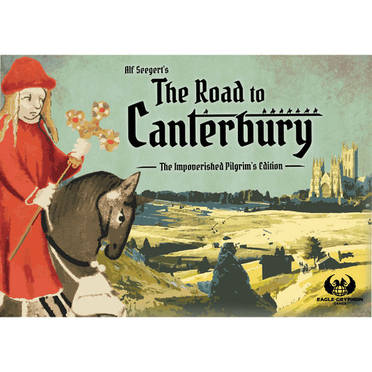 Illustrated cover for The Road to Canterbury by Eagle-Gryphon Games, featuring a red-robed medieval pilgrim on horseback with a cross and Canterbury Cathedral—ideal for fans of this classic board game.