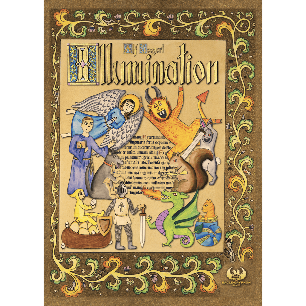 An illuminated manuscript page inspired by Eagle-Gryphon Games' Illumination features whimsical animals, a knight, monk, angel, demon, dragon, ornate floral borders, and vibrant robes with large "Illumination" text.