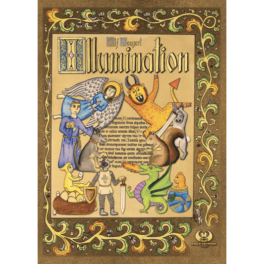 An illuminated manuscript page inspired by Eagle-Gryphon Games' Illumination features whimsical animals, a knight, monk, angel, demon, dragon, ornate floral borders, and vibrant robes with large "Illumination" text.