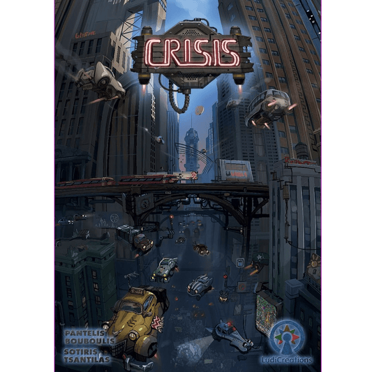 A futuristic cityscape buzzes with flying cars and neon signs, including one spelling Crisis—the same name as the high-stakes economic strategy game from LudiCreations, where intense decisions rival the city's dynamic energy.