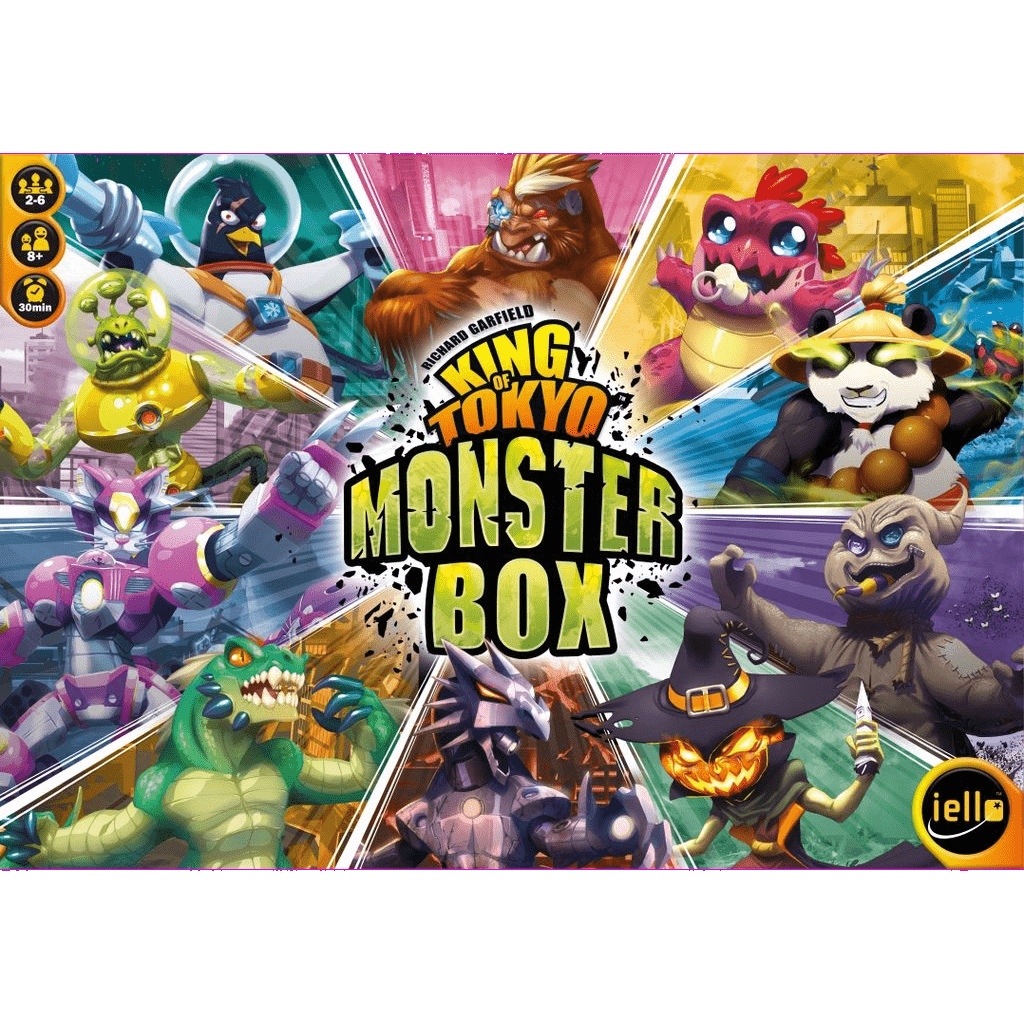 The King of Tokyo: Monster Box by Iello features a vibrant cover with cartoon monsters—a robot, panda, dragon, pumpkin creature, and gorilla—plus game details on the left and the Iello logo at the bottom right.