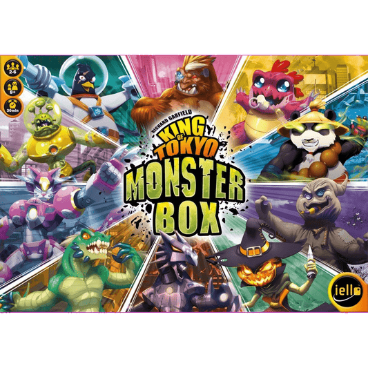 The King of Tokyo: Monster Box by Iello features a vibrant cover with cartoon monsters—a robot, panda, dragon, pumpkin creature, and gorilla—plus game details on the left and the Iello logo at the bottom right.