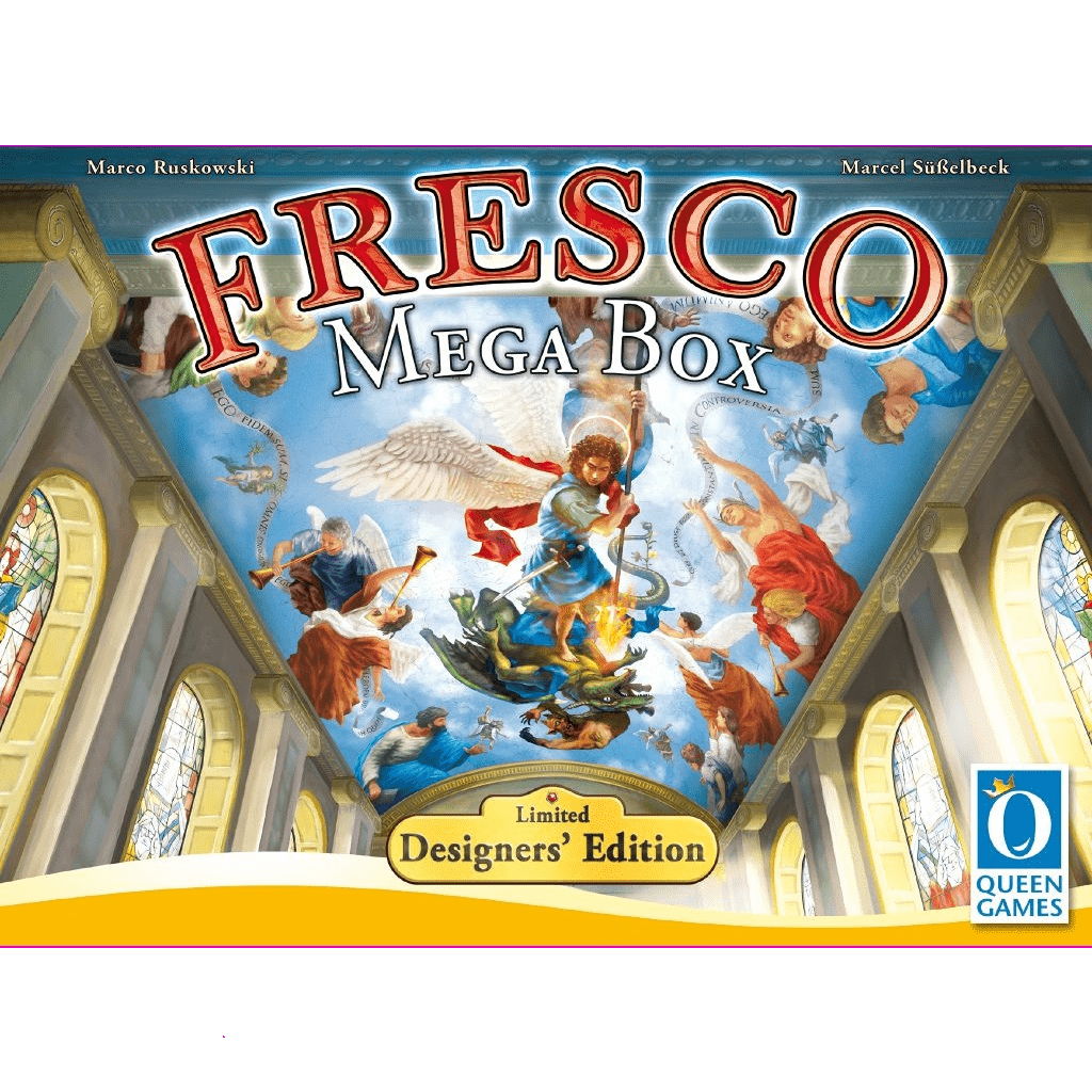 The Fresco: Mega Box by Queen Games showcases Renaissance fresco art on a cathedral ceiling, with the title in bold red and white letters and a Limited Designers Edition label—ideal for any Renaissance board game fan.