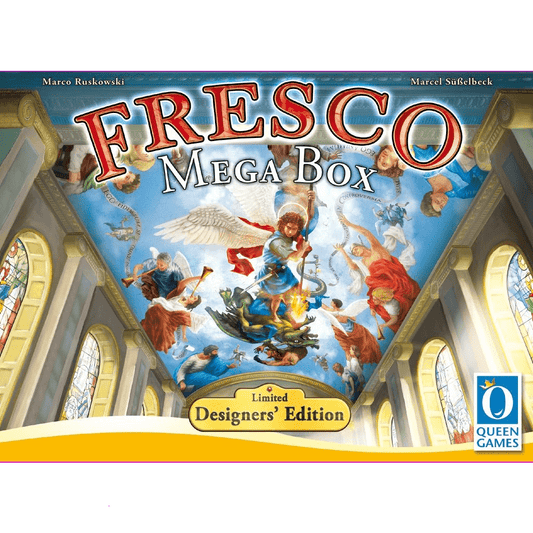 The Fresco: Mega Box by Queen Games showcases Renaissance fresco art on a cathedral ceiling, with the title in bold red and white letters and a Limited Designers Edition label—ideal for any Renaissance board game fan.
