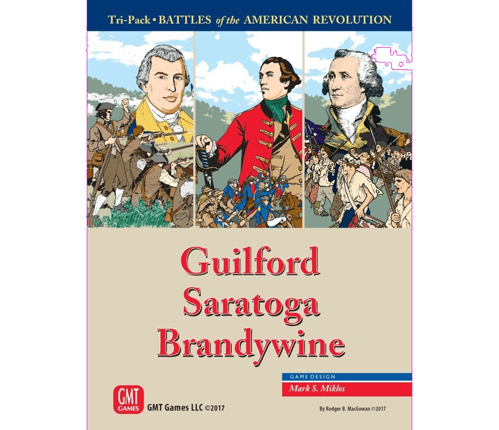The box cover for GMT Games’ Battles of the American Revolution Tri-pack: Guilford, Saratoga, Brandywine features illustrated portraits of three Revolutionary War figures above dramatic battle scenes, with bold red and gold title text and blue accents.